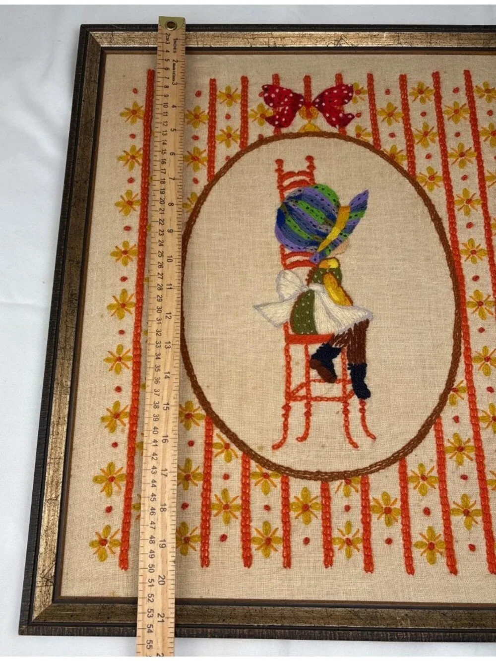 Framed Embroidered Girl on Chair Hat Bow Folk Art Wall Decor 21
